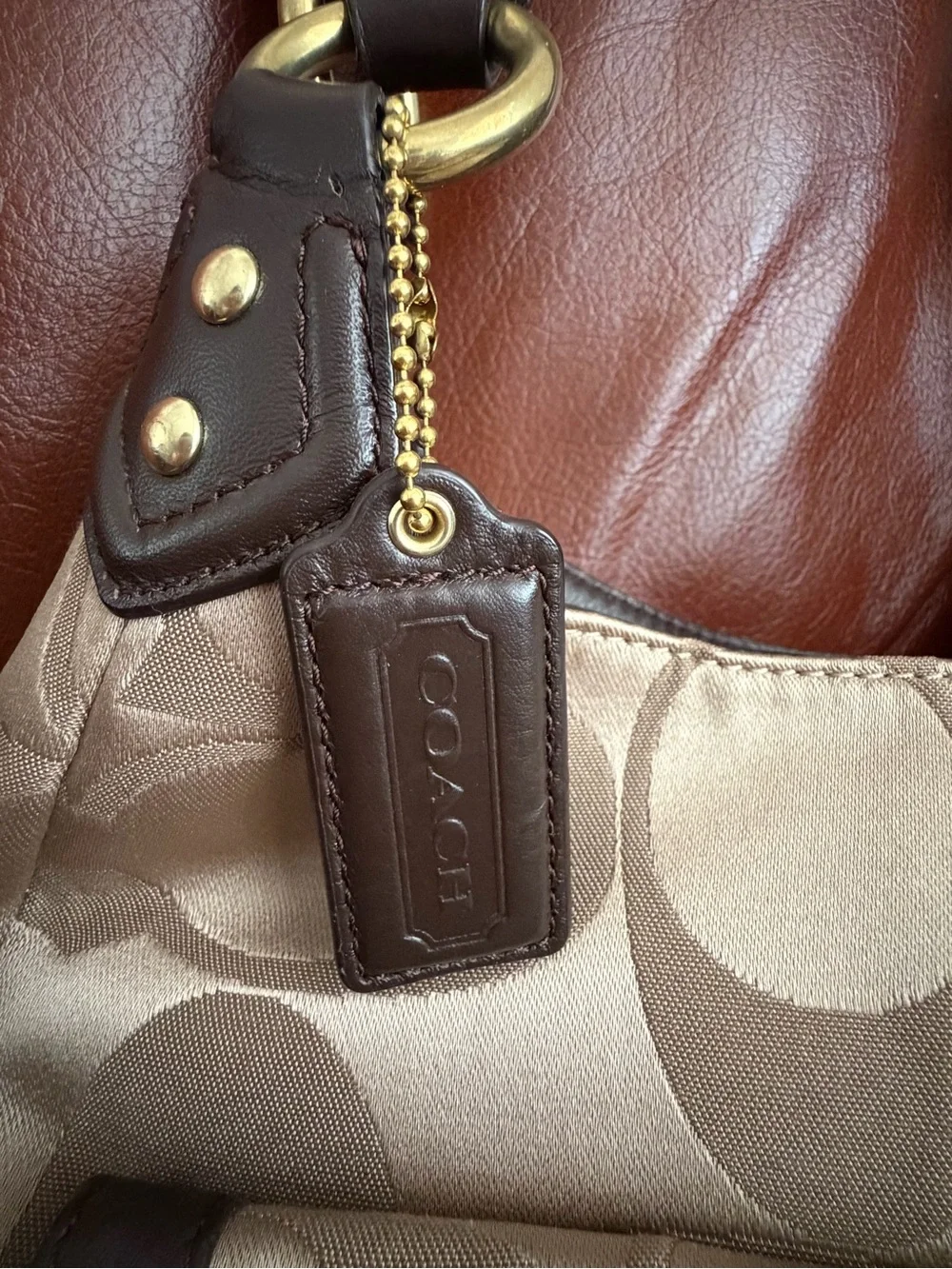 Coach Signature Jacquard Shoulder Bag with Brown Leather Trim